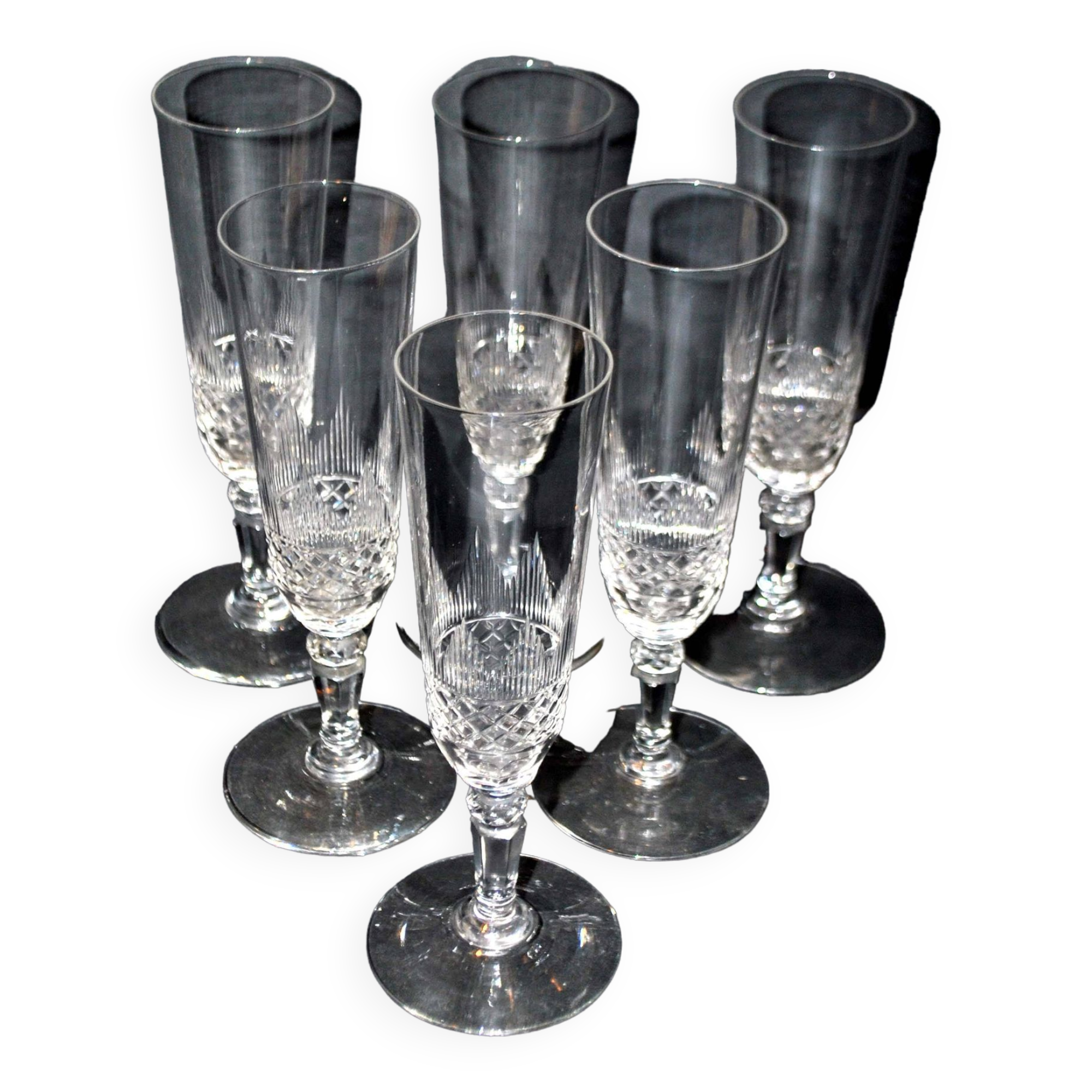 Baccarat series of 6 antique champagne flutes in diamond cut crystal organ stops 19th century.