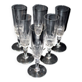 Baccarat series of 6 antique champagne flutes in diamond cut crystal organ stops 19th century.