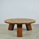 BRUTALIST / massive oak round coffee table / 1970s