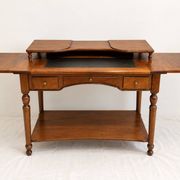 Bureau Directoire en merisier et cuir noir avec étagère