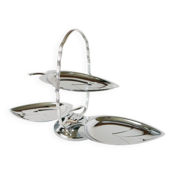 Large stainless steel folding platter/display with three leaf-shaped trays, 1970.
