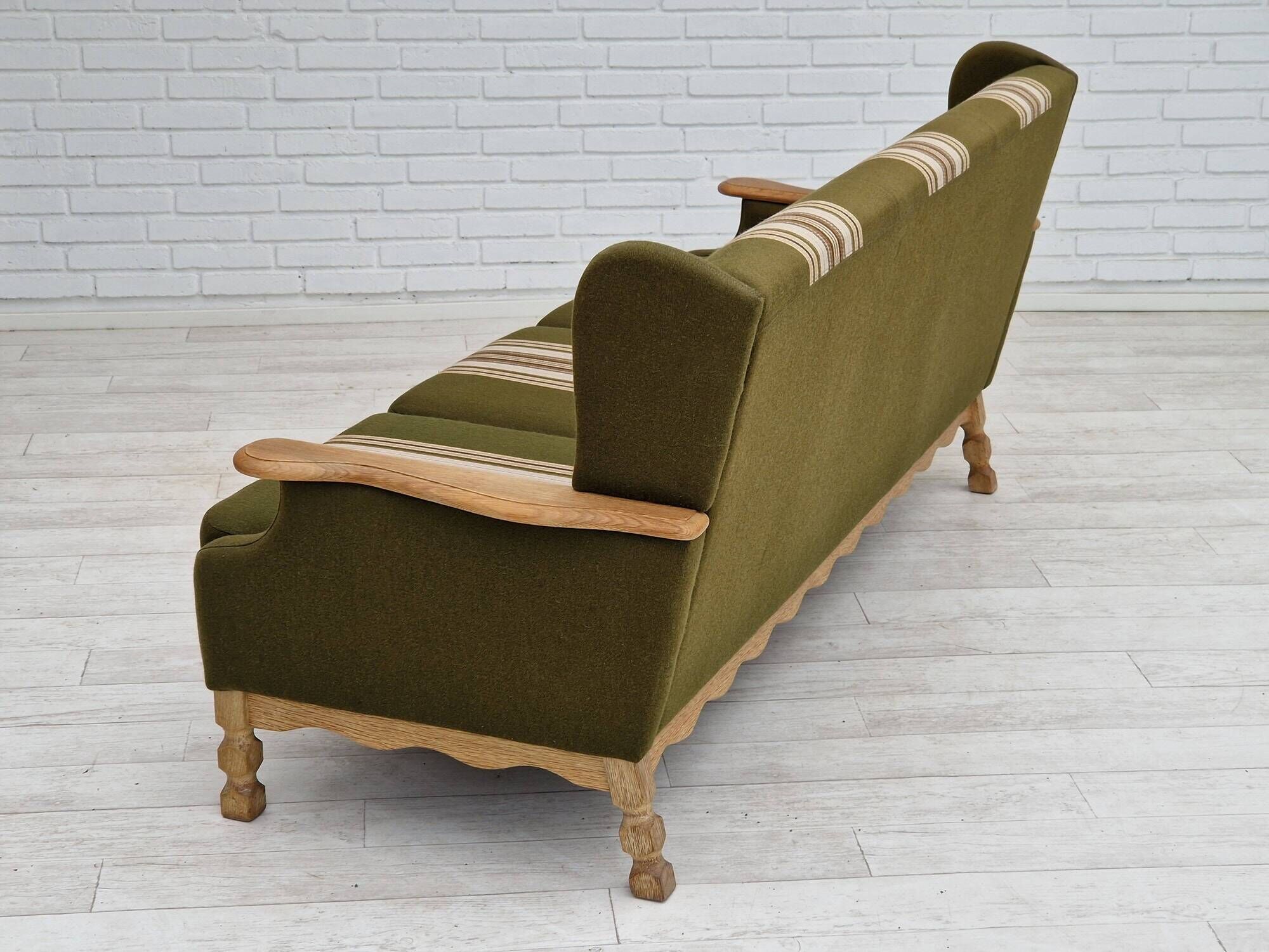 1970s, Danish vintage 3 seater, green fabric, oak wood, original condition.