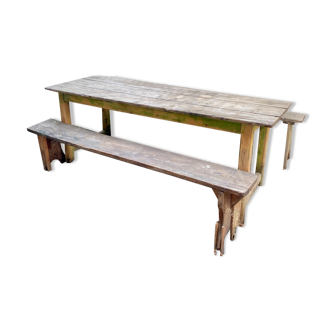 Wooden dining table and its 2 benches