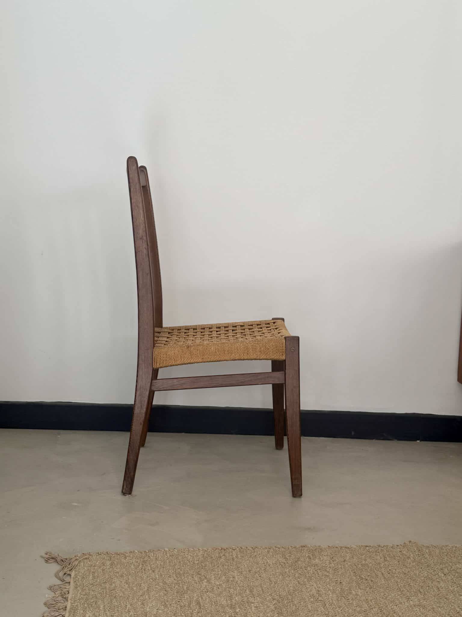 8 wooden chairs with woven rope, 1950s