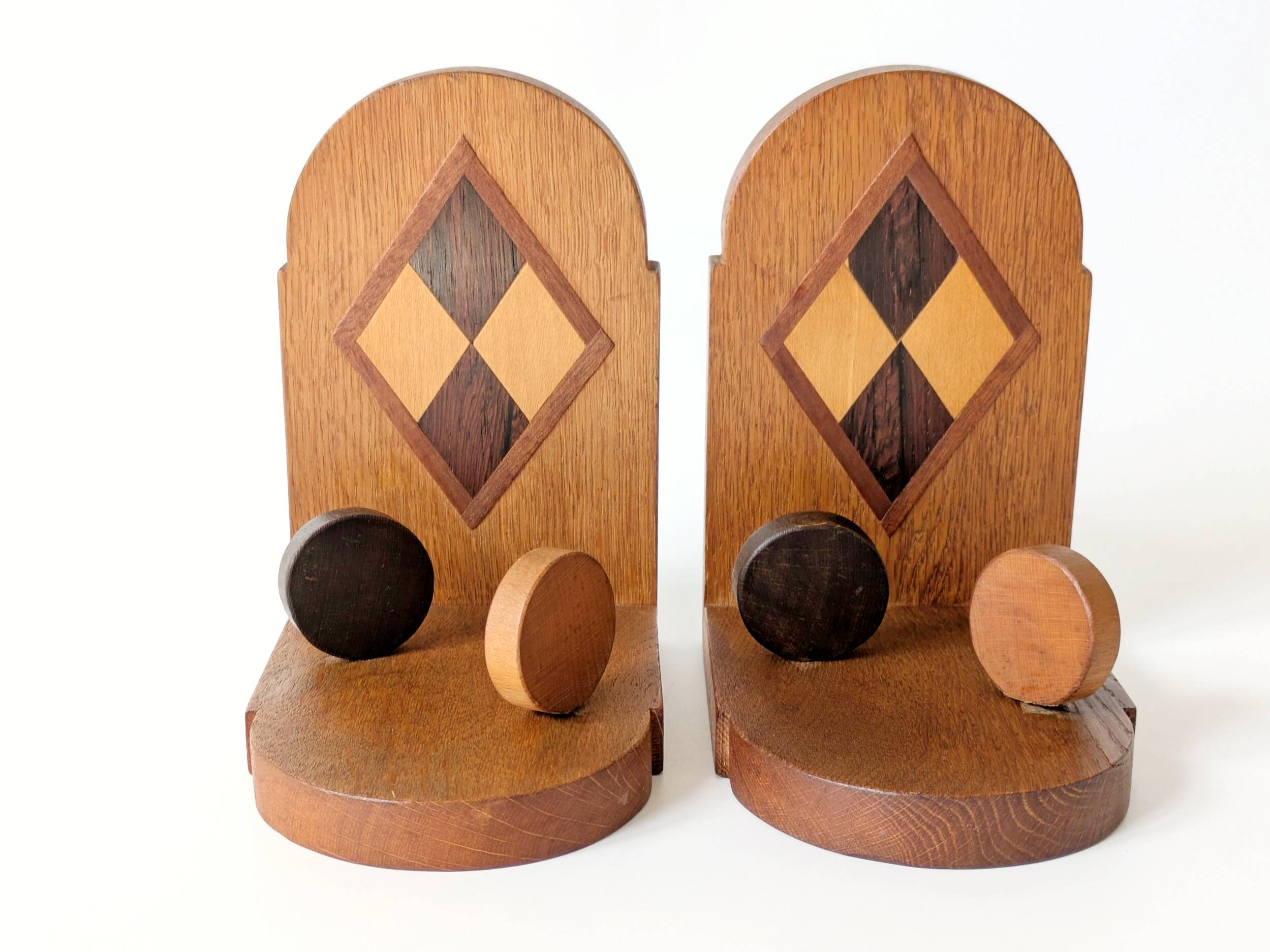 Pair of vintage wooden bookends, checkerboard pattern, 1950s