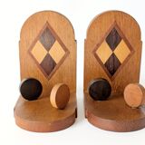 Paire de serre-livres vintage en bois, motif damier, années 50