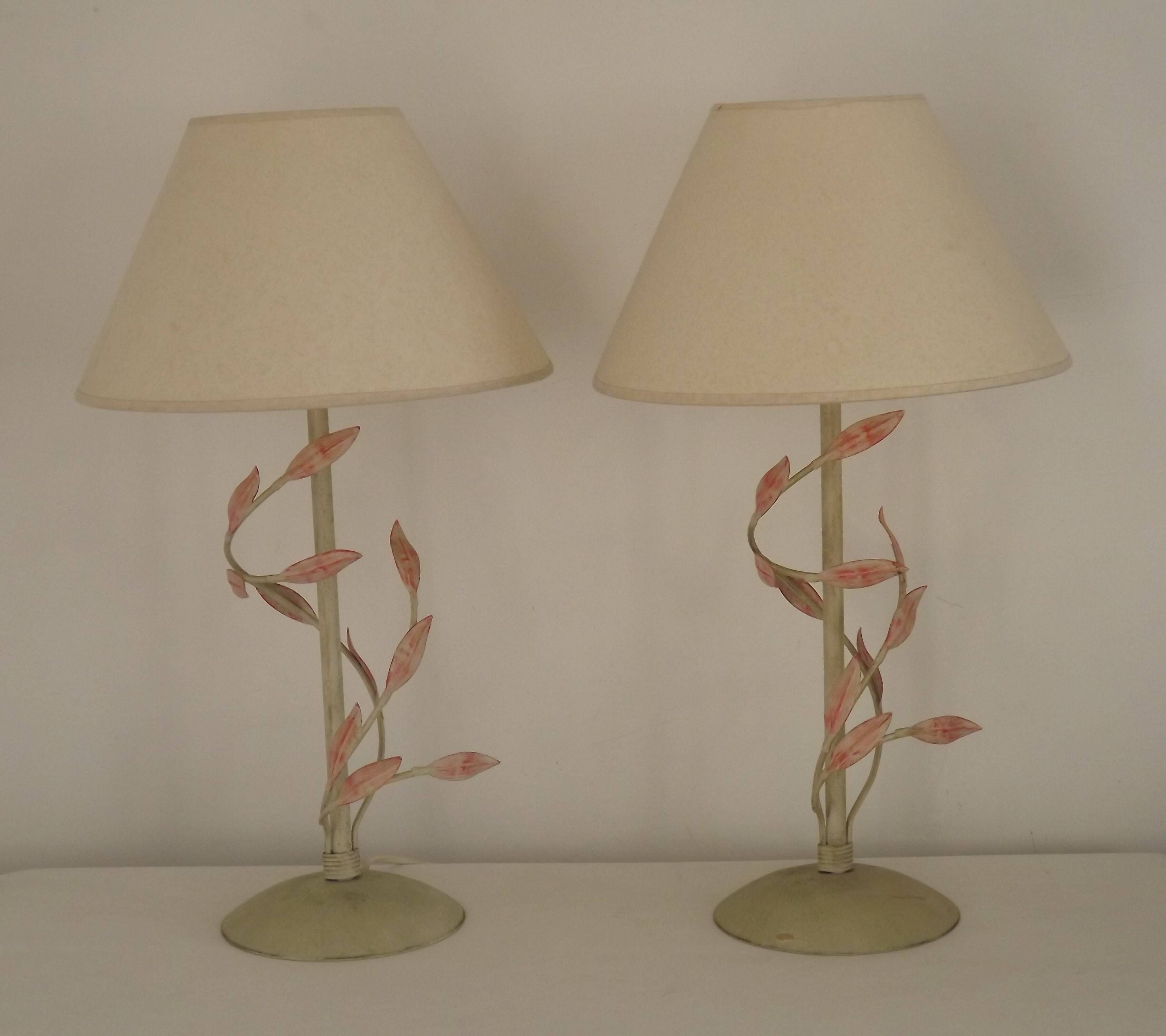 Pair Of French Vintage Metal Table Lamps With Scrolling Leaf Detail