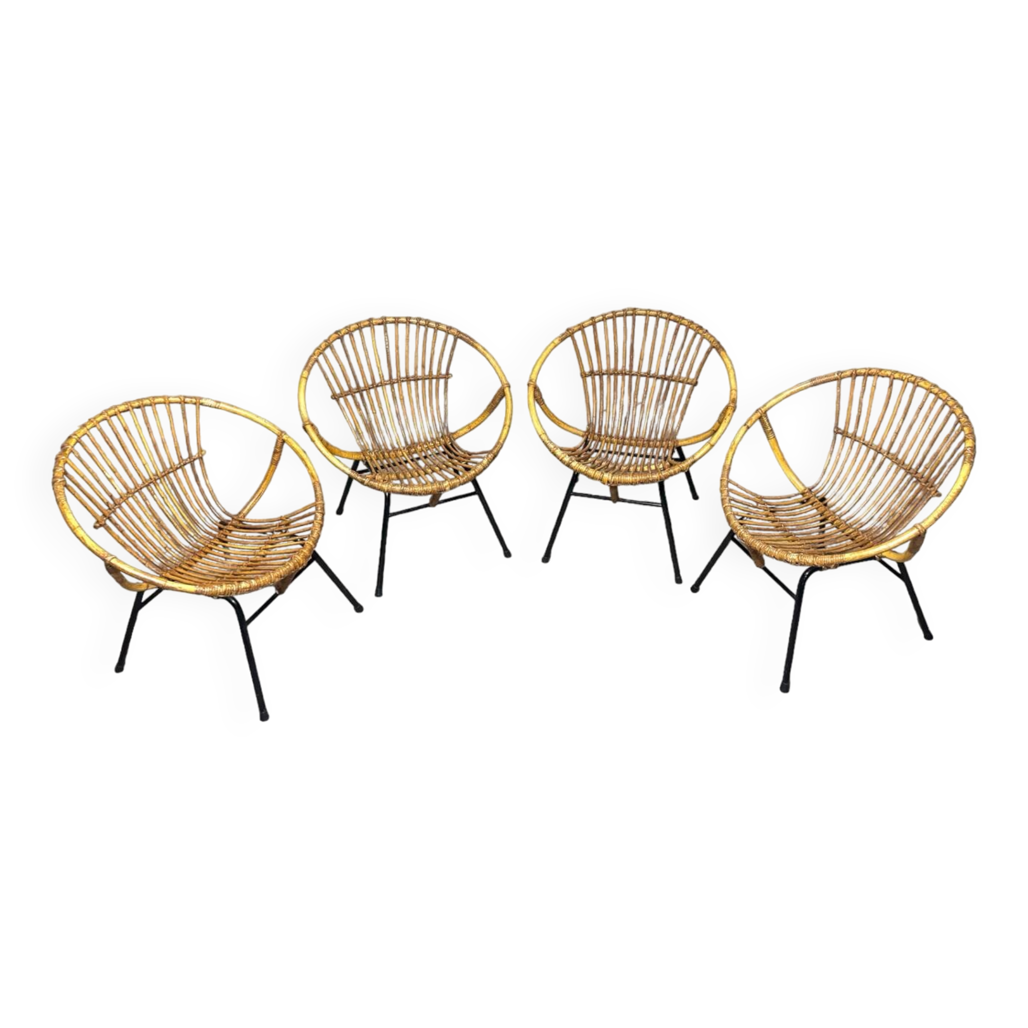 Set of 4 vintage 1950s/60s wicker rattan adult basket armchairs