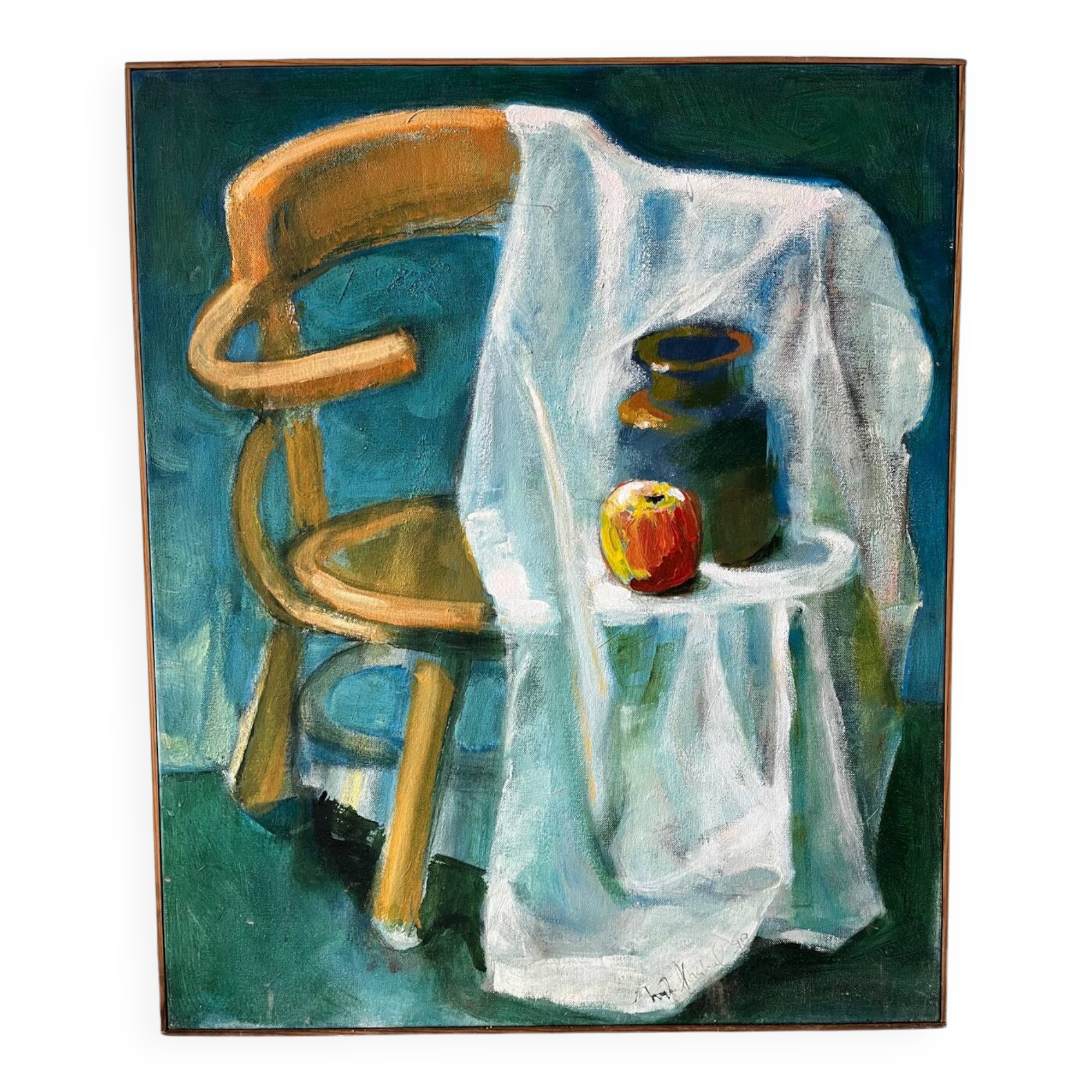 Nature morte sur chaise, signée Miguel Anibal 98