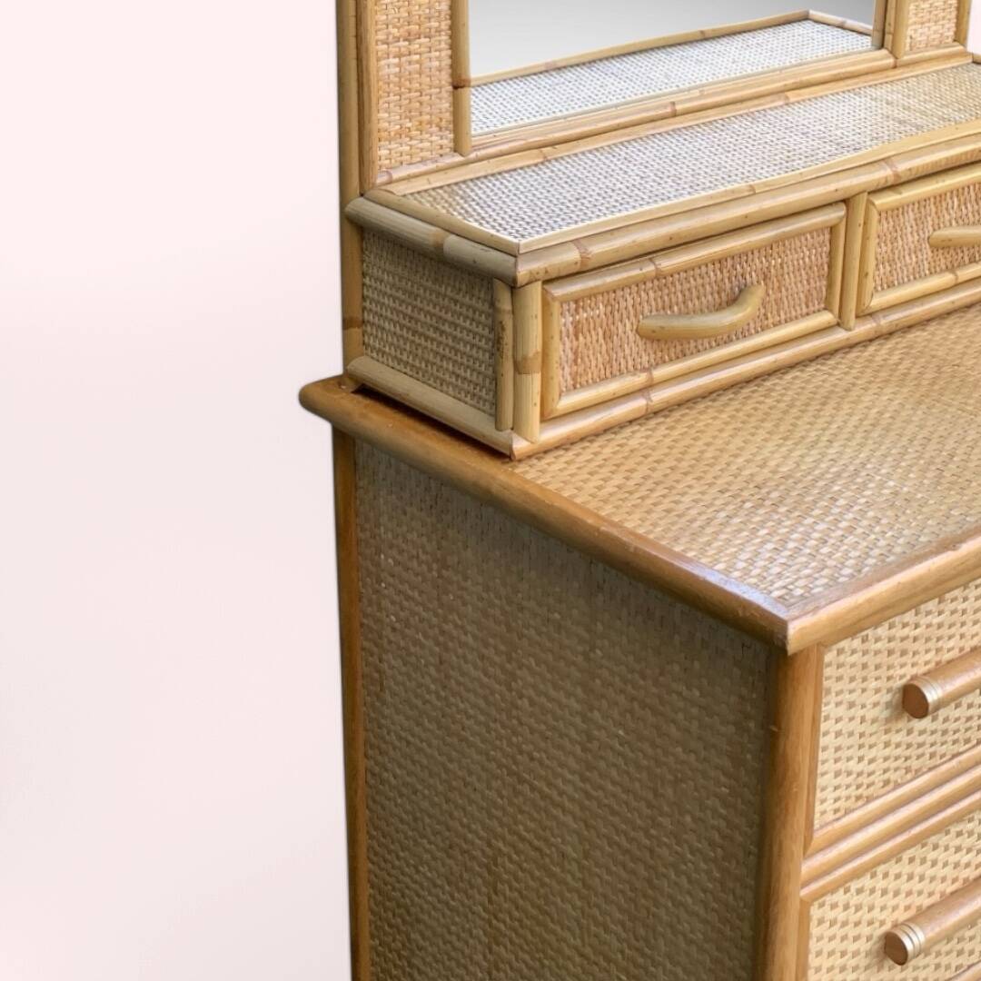 Rattan and woven wicker chest of drawers and mirror, 1970