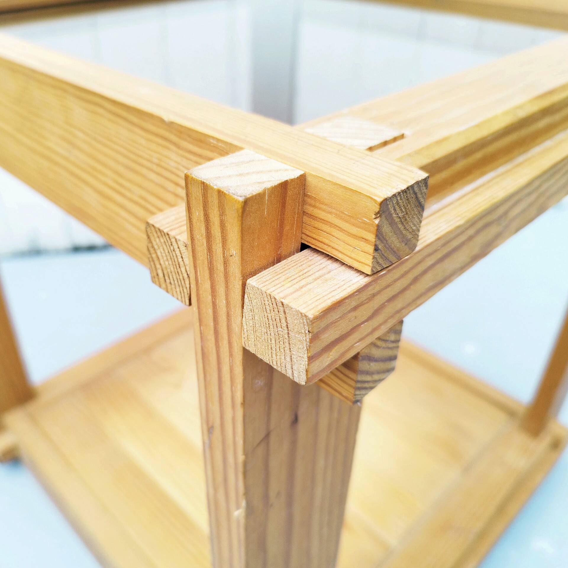 End table pine and smoked glass 70-80's