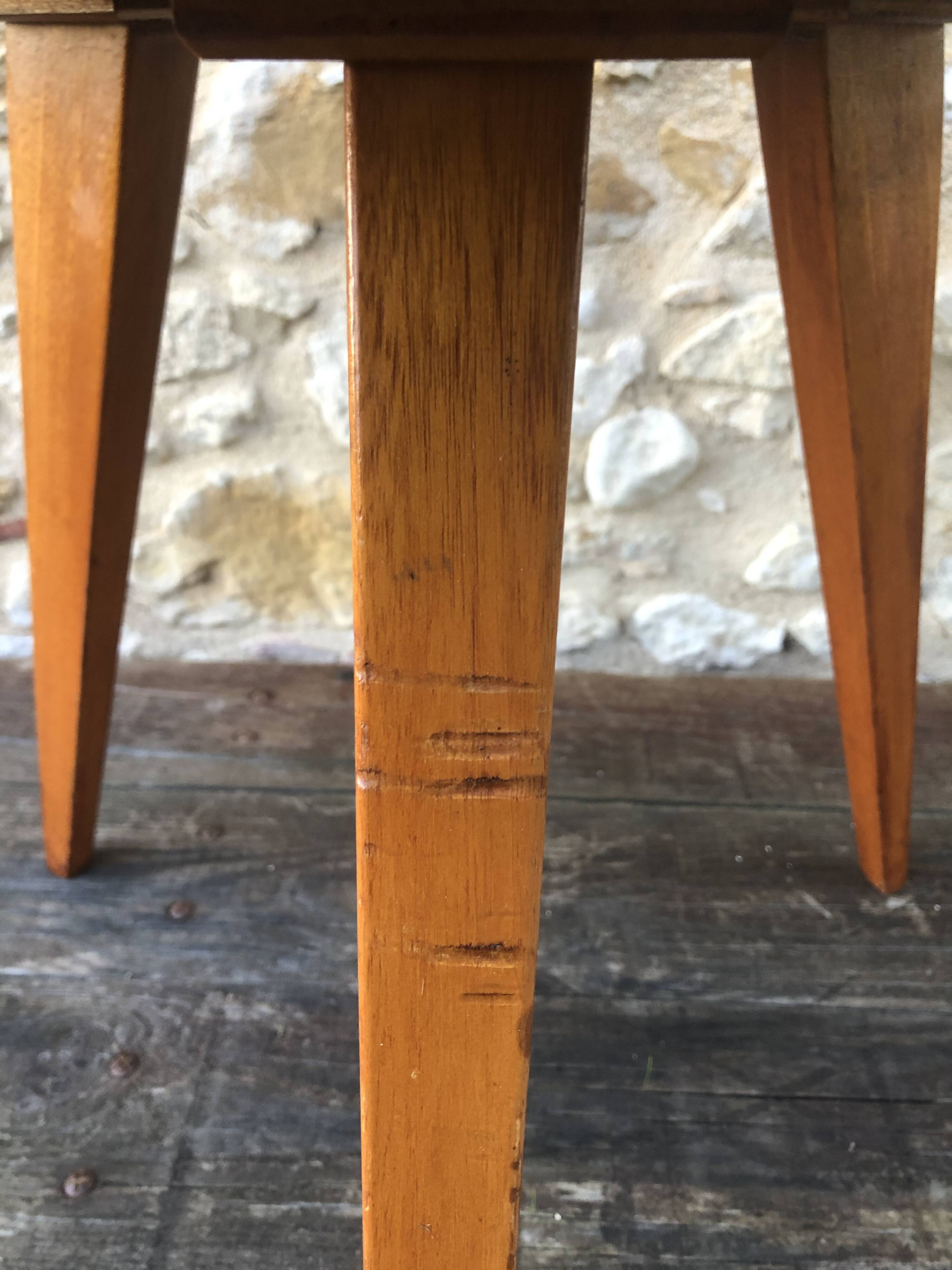 Vintage round coffee table, oak tripod legs circa 60