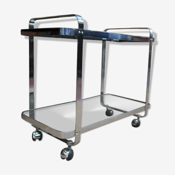 Service bar trolley in chrome metal and 1970s glass