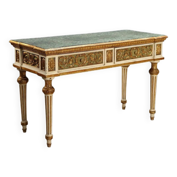 Eclectic old table in lacquered wood and marble, Italy, 19th century.