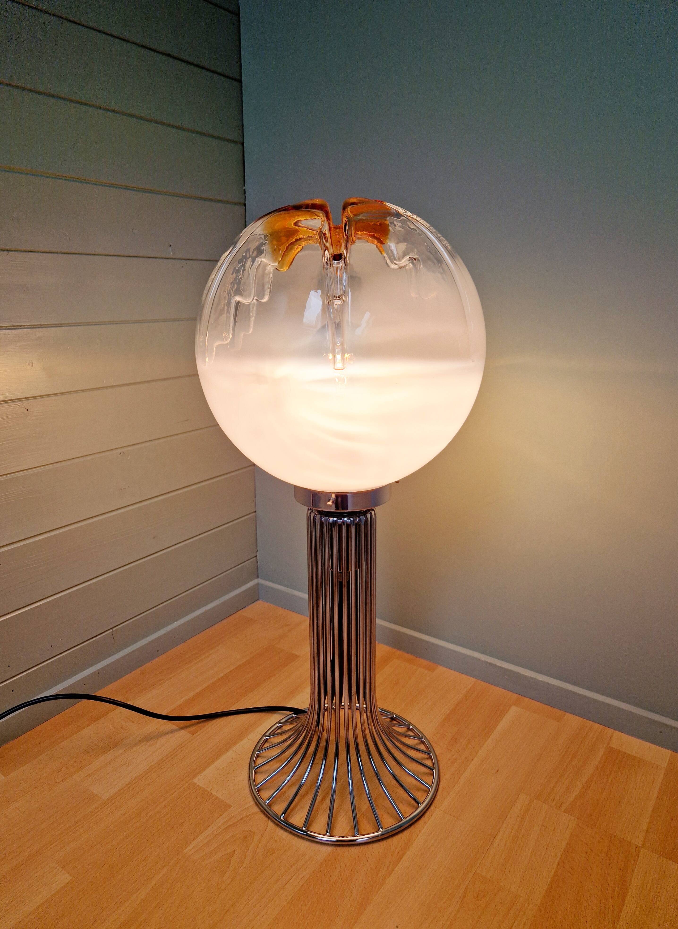 Mazzega floor lamp in chromed metal and milky glass globe, 1960s-70s