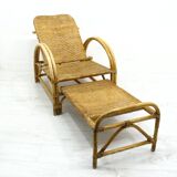 Fauteuil en rotin avec pouf escamotable, 1970