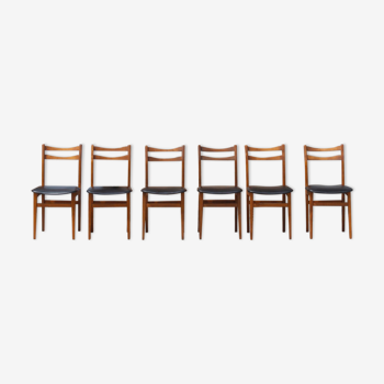 Lot de 6 chaises scandinaves en hêtre et skaï noir, 1960s