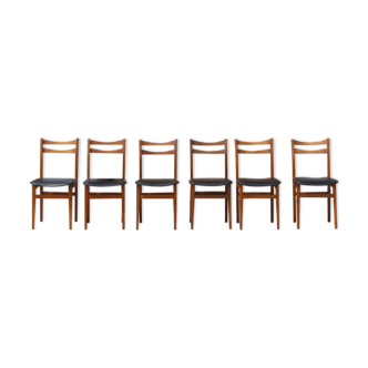 Set of 6 Scandinavian chairs in beech and black skaï, 1960s