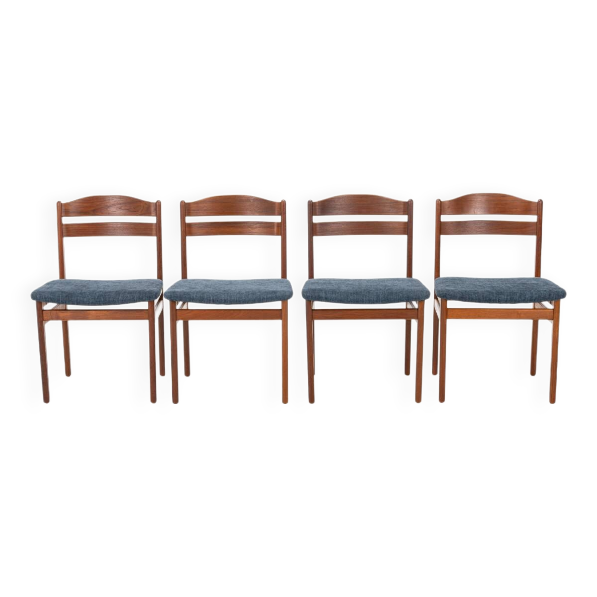 Set of 4 vintage dining chairs in teak and blue fabric