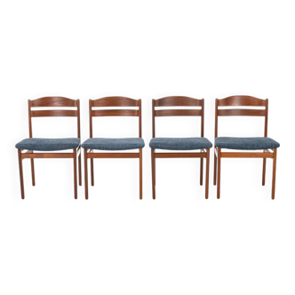 Set of 4 vintage dining chairs in teak and blue fabric