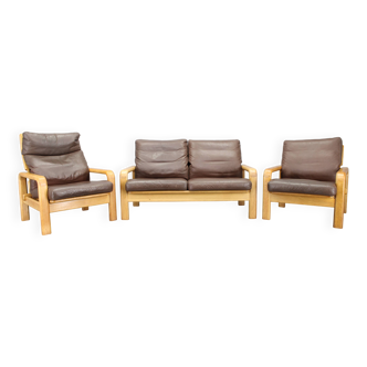 Ensemble de salon en chêne et cuir L. Olsen & Søn des années 1970, Danemark