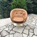 Brown tulip club chair in fibreglass resin and faux leather, France 1970s by Raphaël