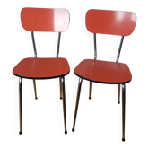 Chaises en formica rouge orange et métal chromé