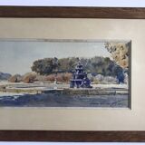 20th century, Neptune's Basin at sunset, Gardens of Versailles, summer 1920. Watercolor signed in ink