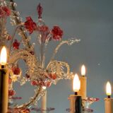 Rezzonico Venetian chandelier in colorless and red Venetian glass, circa 1920