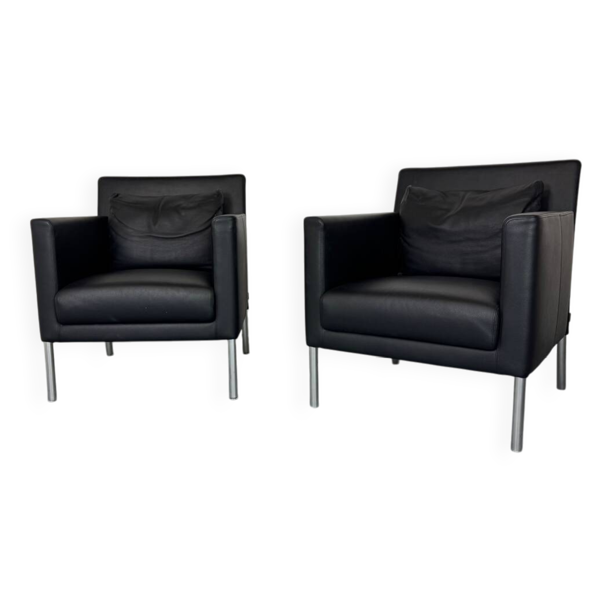 2 fauteuils de salon modernistes allemands en cuir noir et acier de Walter Knoll