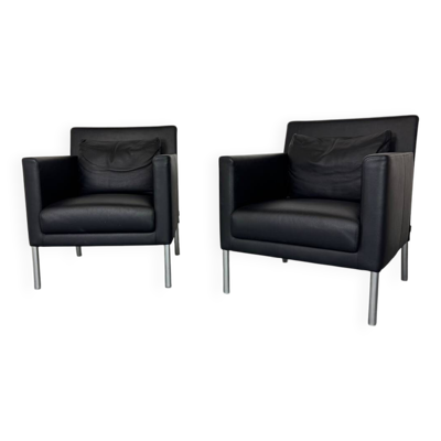 2 fauteuils de salon modernistes allemands en cuir noir et acier de Walter Knoll