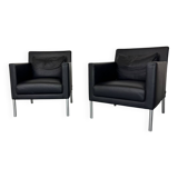 2 fauteuils de salon modernistes allemands en cuir noir et acier de Walter Knoll