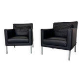 2 fauteuils de salon modernistes allemands en cuir noir et acier de Walter Knoll