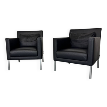 2 fauteuils de salon modernistes allemands en cuir noir et acier de Walter Knoll