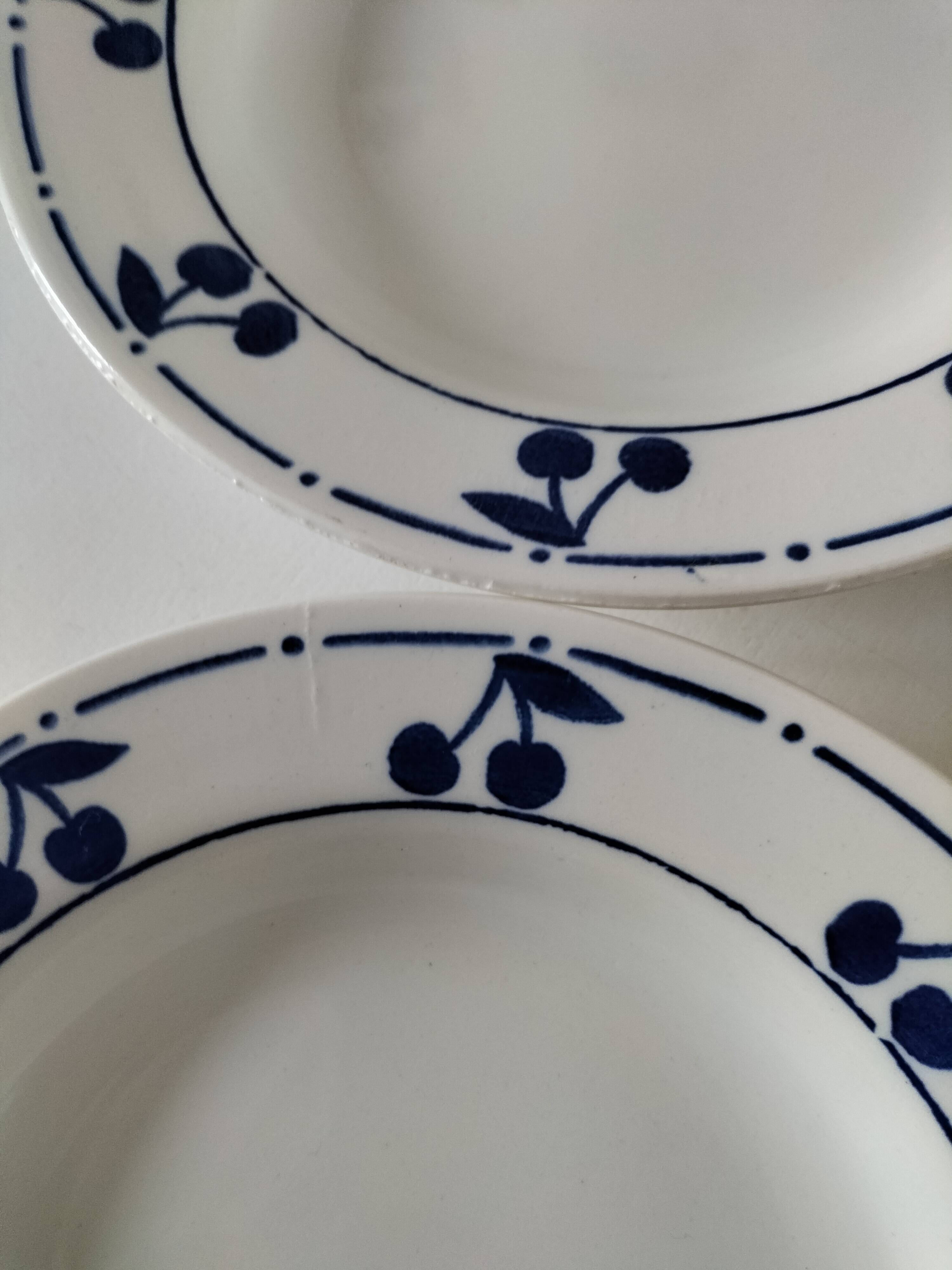 Set of 4 antique soup plates – “Blue Cherries” design – 1950s
