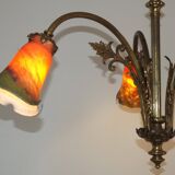 Art Nouveau three-light chandelier in bronze with orange and green glass shade, France.