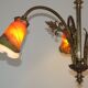 Lustre 3 feux Art Nouveau en bronze avec abat-jour en verre orange et vert, France