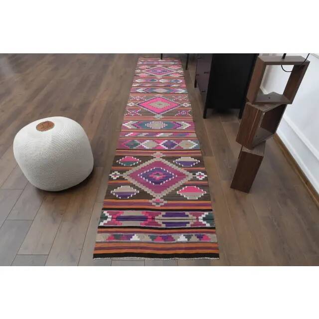 1970s Vintage Turkish Oushak Handmade Wool Cotton Pink Runner Rug 76x375