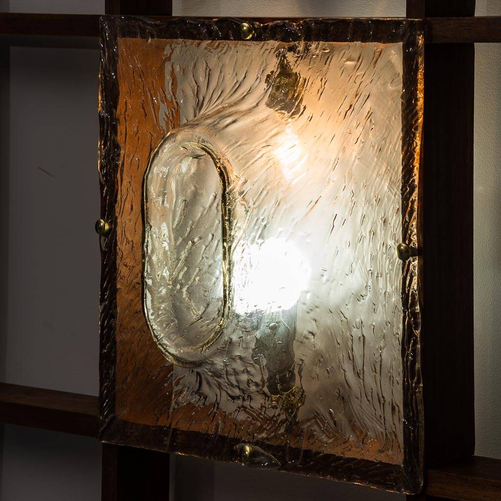 2-light wall lamp with teak grid frame mazzega 1960s vintage modern antique