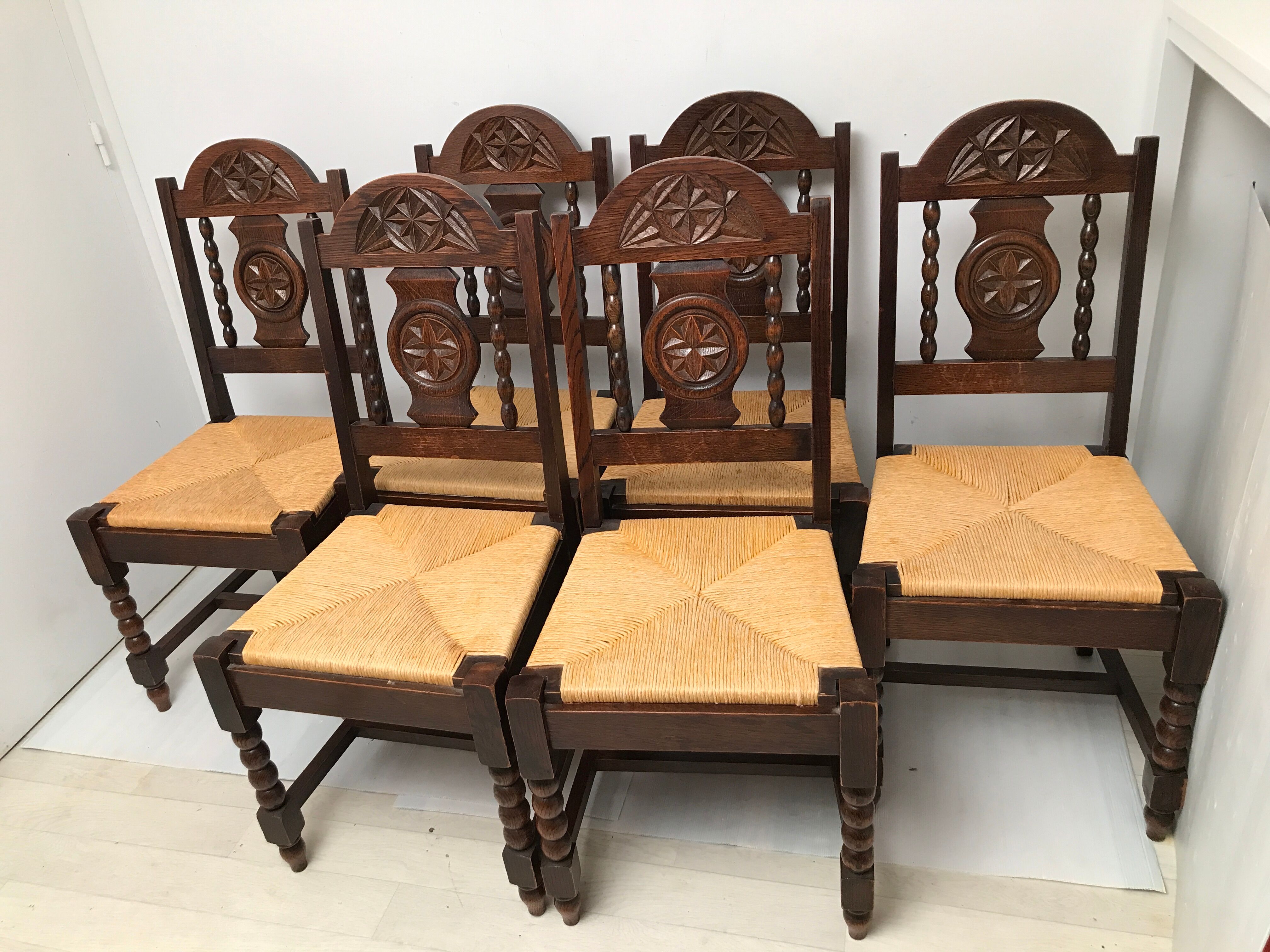 Set of 6 vintage straw and turned wood chairs
