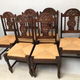 Set of 6 vintage straw and turned wood chairs