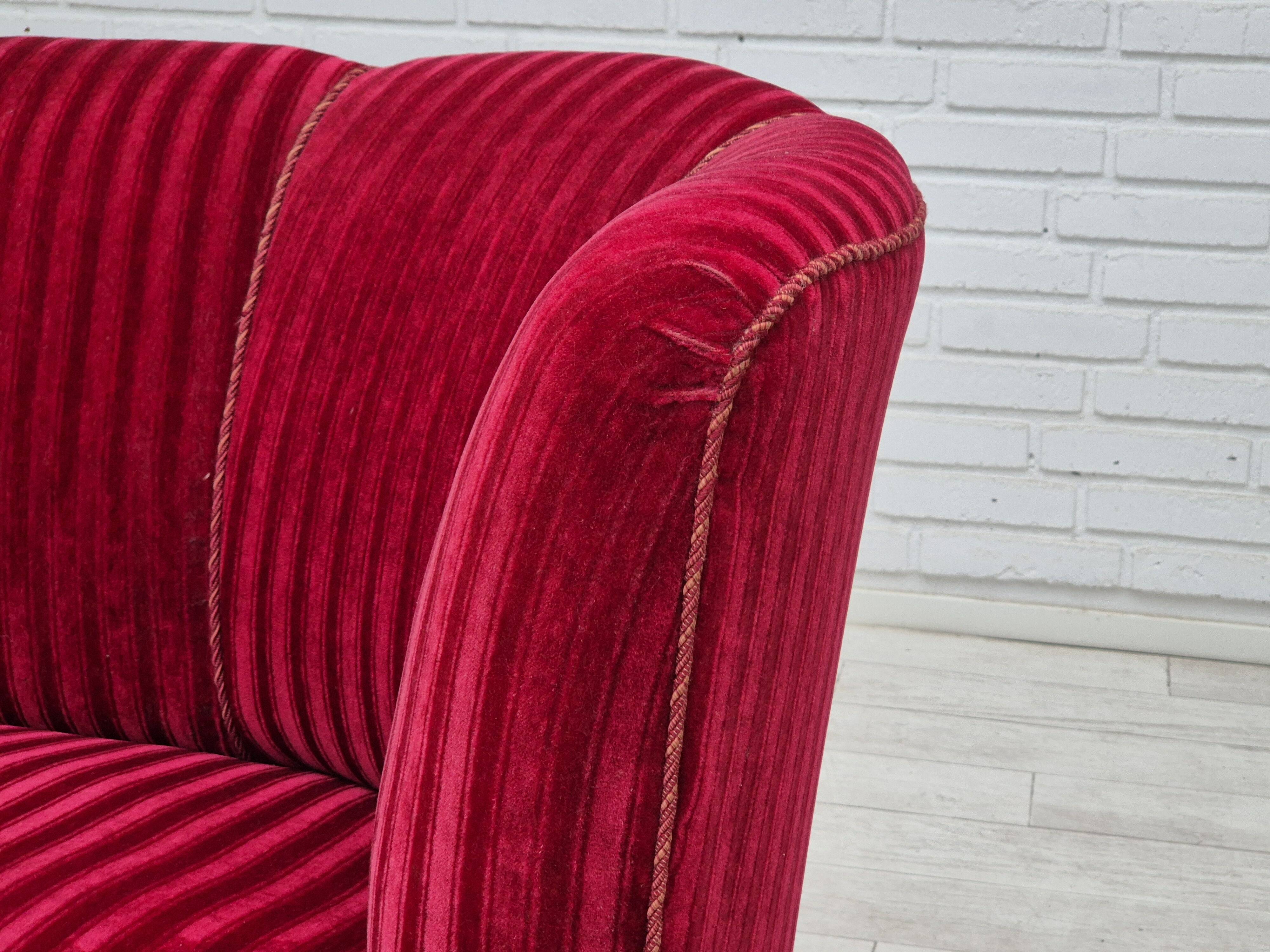 1960s, Danish 3-seater "Banan" sofa, original cherry-red furniture velour.