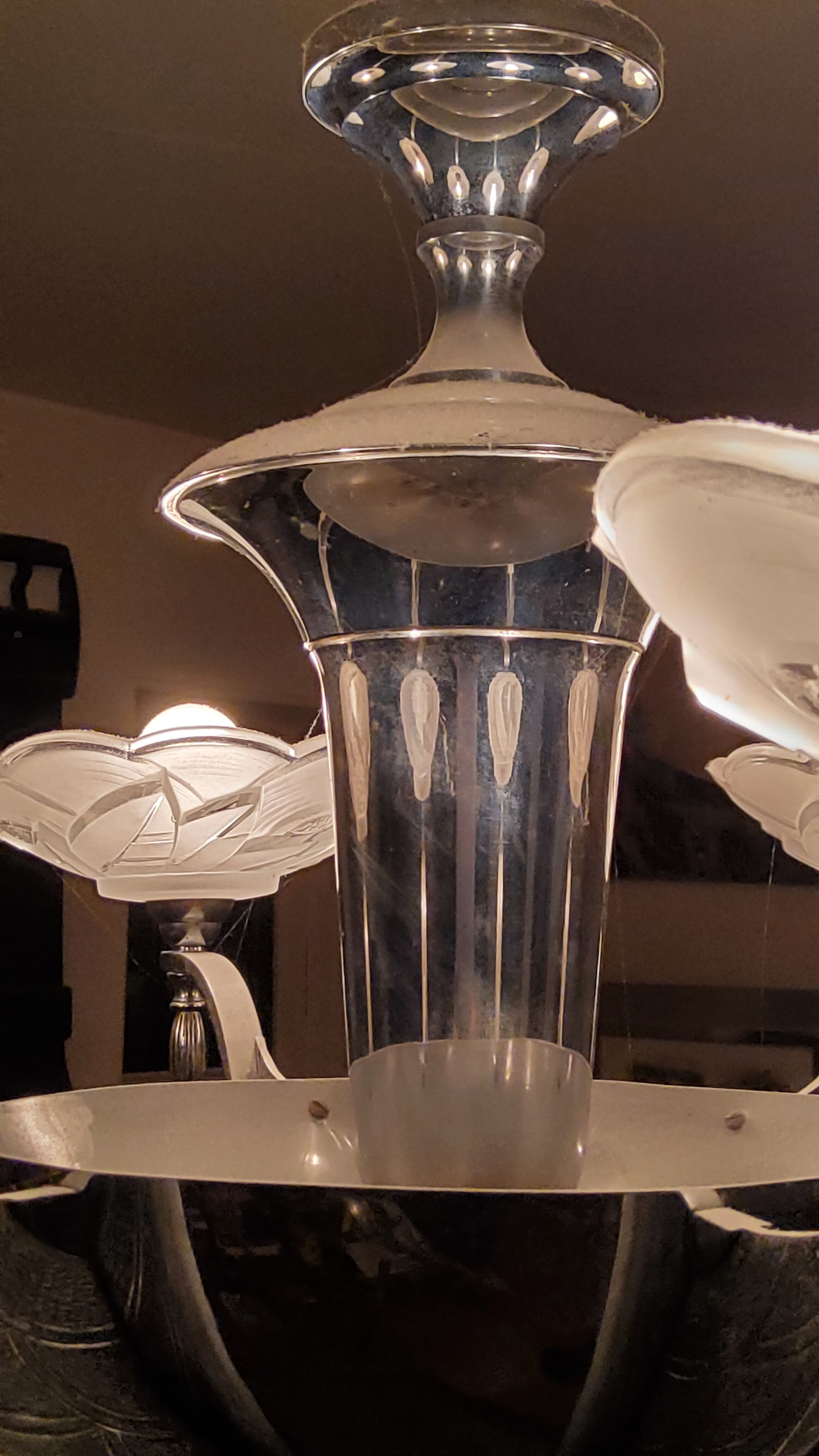 Art deco chandelier in chromed metal and glass 6 arms of lights