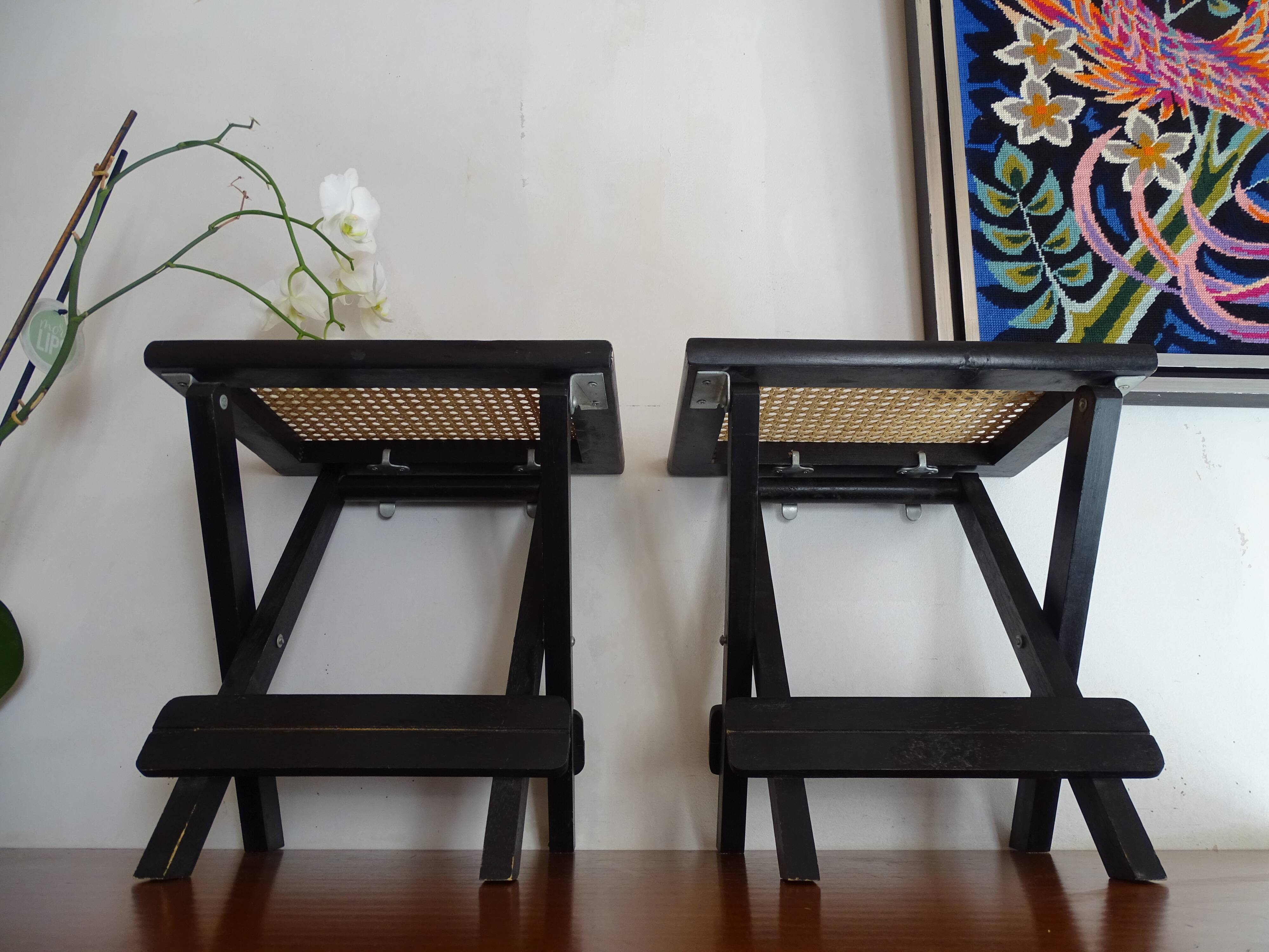 Pair of folding stools wood and wicker