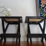 Pair of folding stools wood and wicker