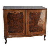 Neo-baroque brown wooden dressing table with marquetry and curved legs (1940, Hungary)