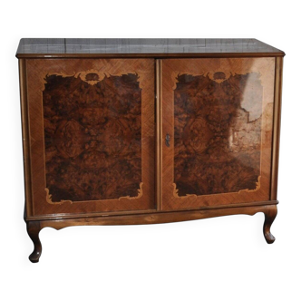 Neo-baroque brown wooden dressing table with marquetry and curved legs (1940, Hungary)