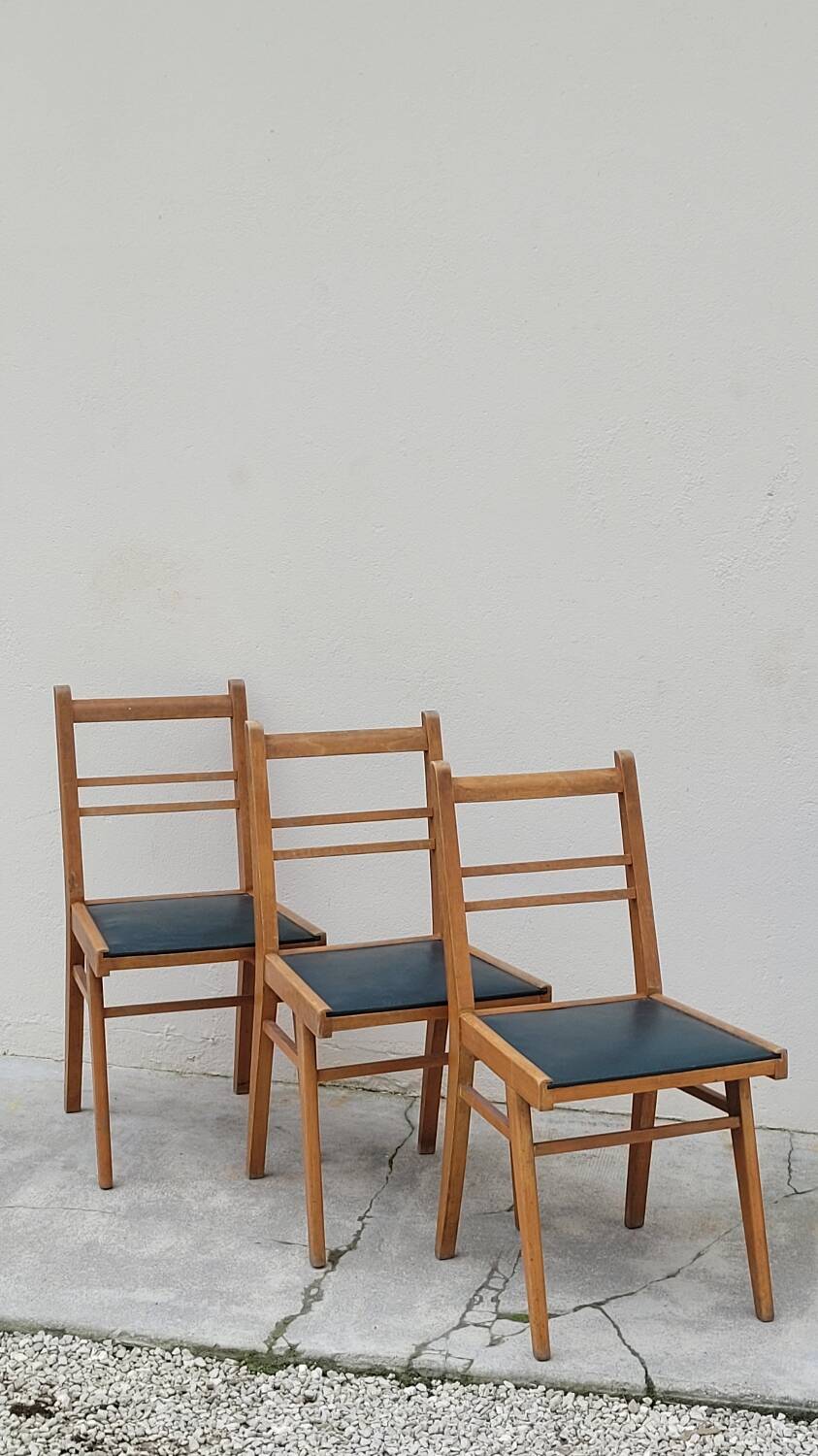 Series of 3 vintage chairs with compass legs - 1950s