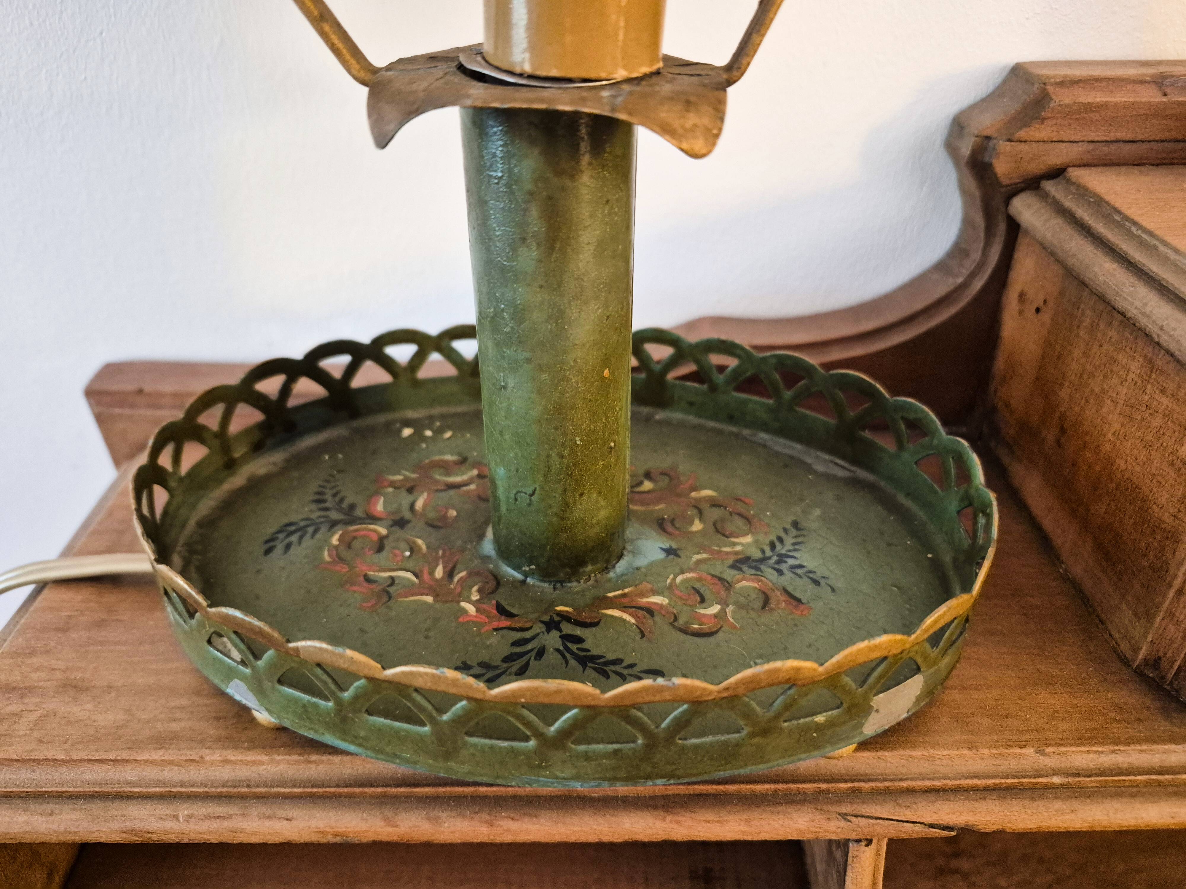 Metal bouillotte lamp, Empire style, green metal shade.