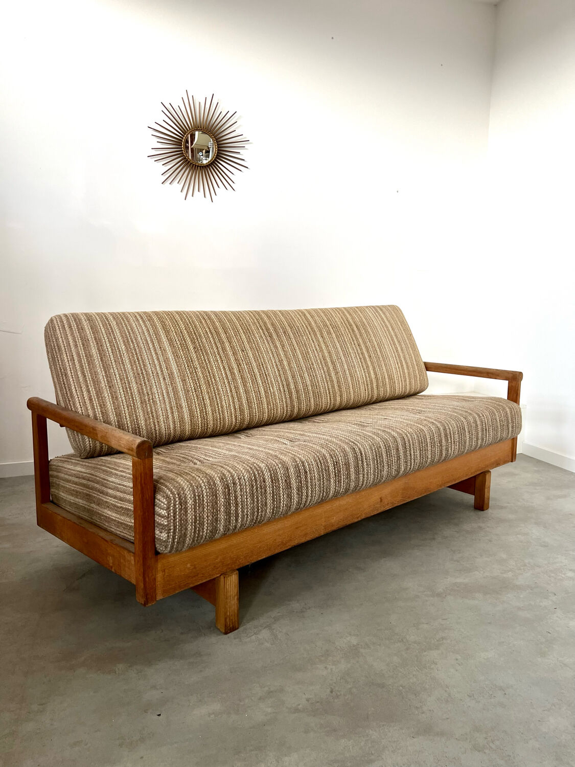 Old wooden sofa vintage brutalist design 60s